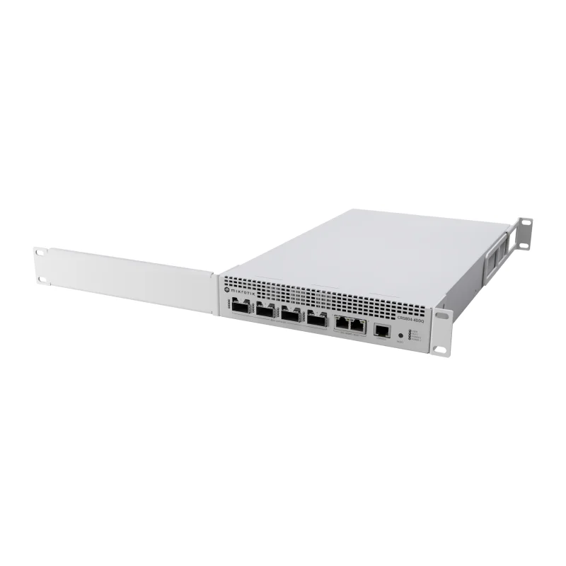 MikroTik CRS804 DDQ 1U switch, angled front view with four QSFP56-DD ports