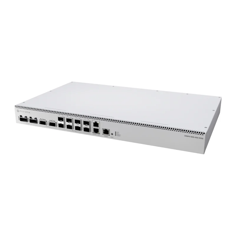 MikroTik CRS812 DDQ network switch, angled front view showing SFP56, QSFP56 and QSFP56-DD ports